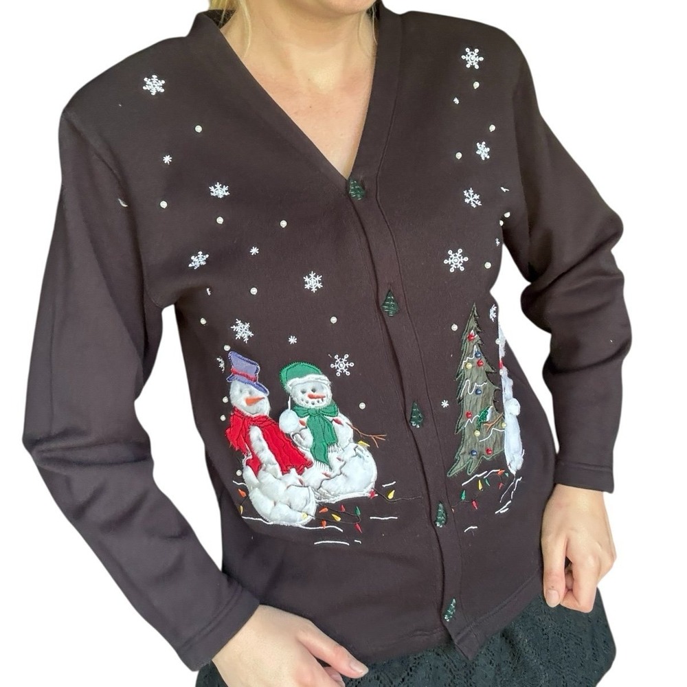 Vintage embroidered snowman Christmas Sweater cardigan front button holiday